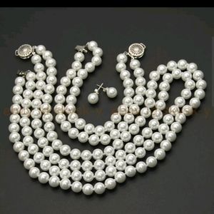 New double strand 8mm shell pearl necklace, bracelet and earrings set.Gold clasp